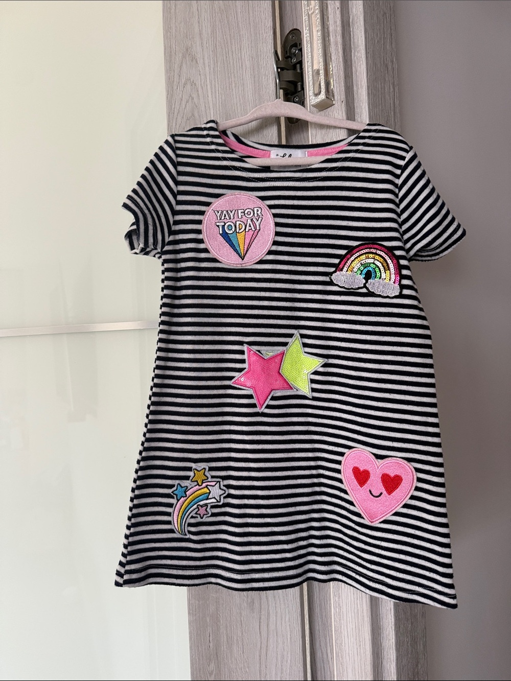 Lola + The Boys Black & White Striped Patch Pocket Dress with Colorful Patches - Picture 1 of 2